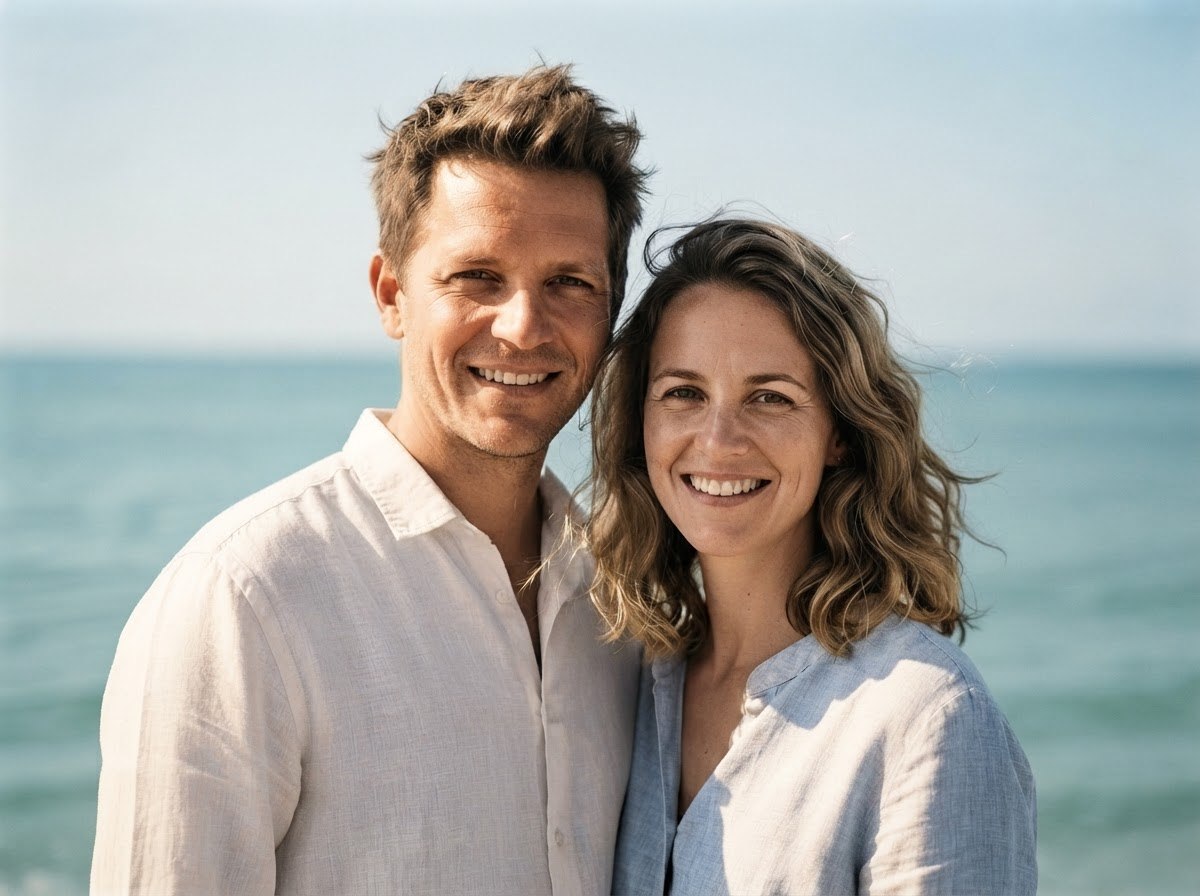A couple in strong side light, with clear bright and shadowed areas